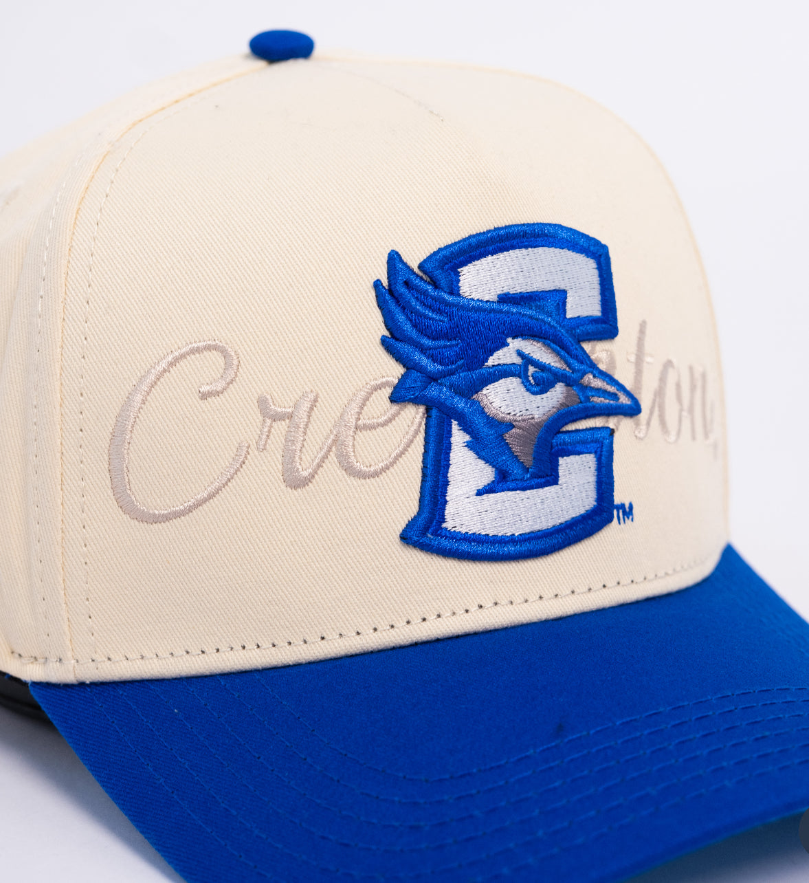 Creighton Bluejays Hat Cream and Royal Blue Snapback - Front Detail