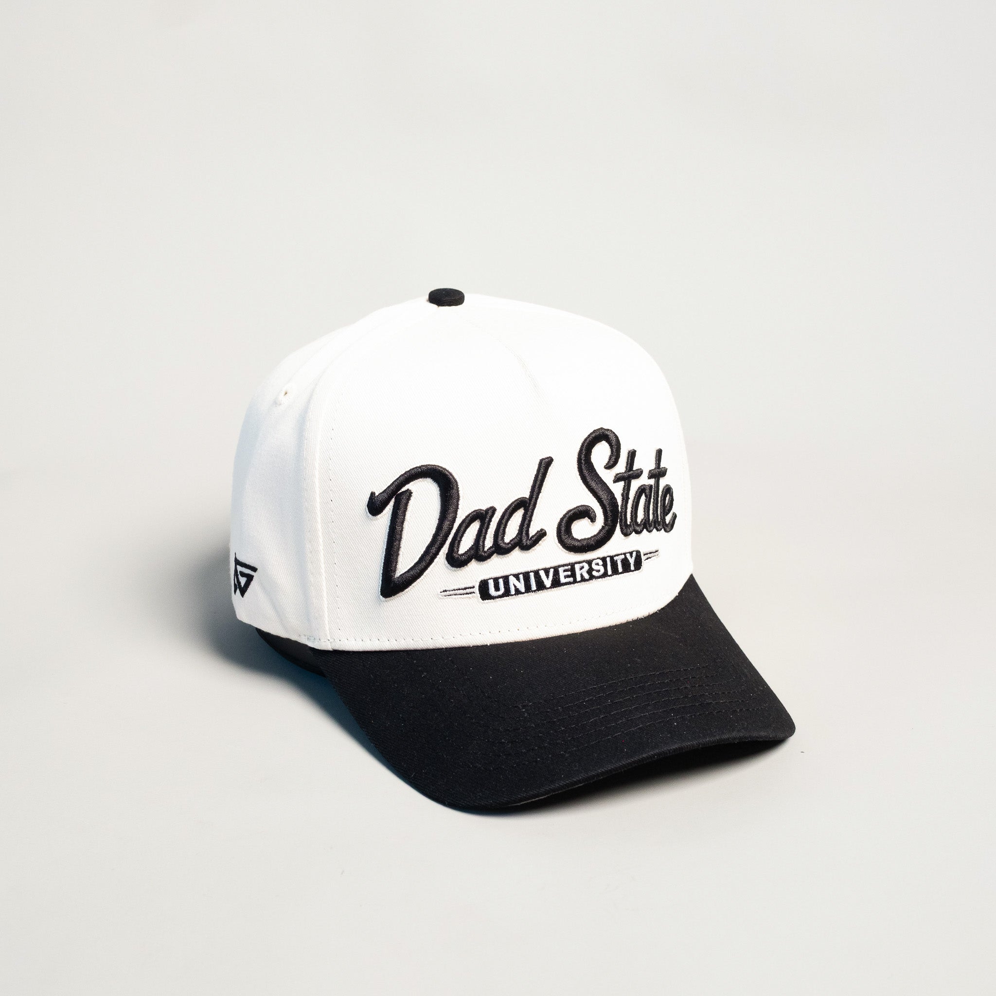 Dad State University Hat Cream Black Snapback - Angled View