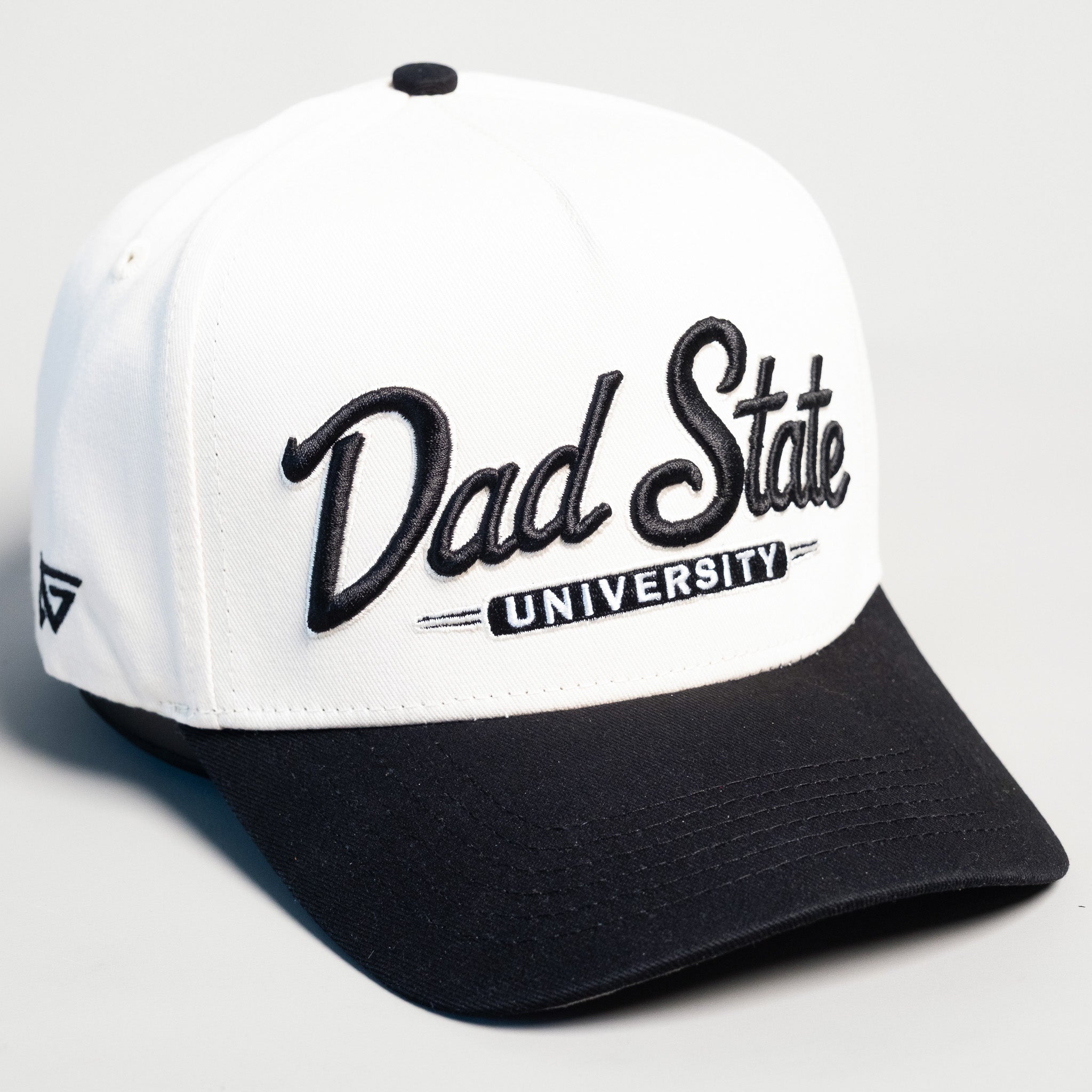 Dad State University Hat Cream Black Snapback - Front Detail Angled
