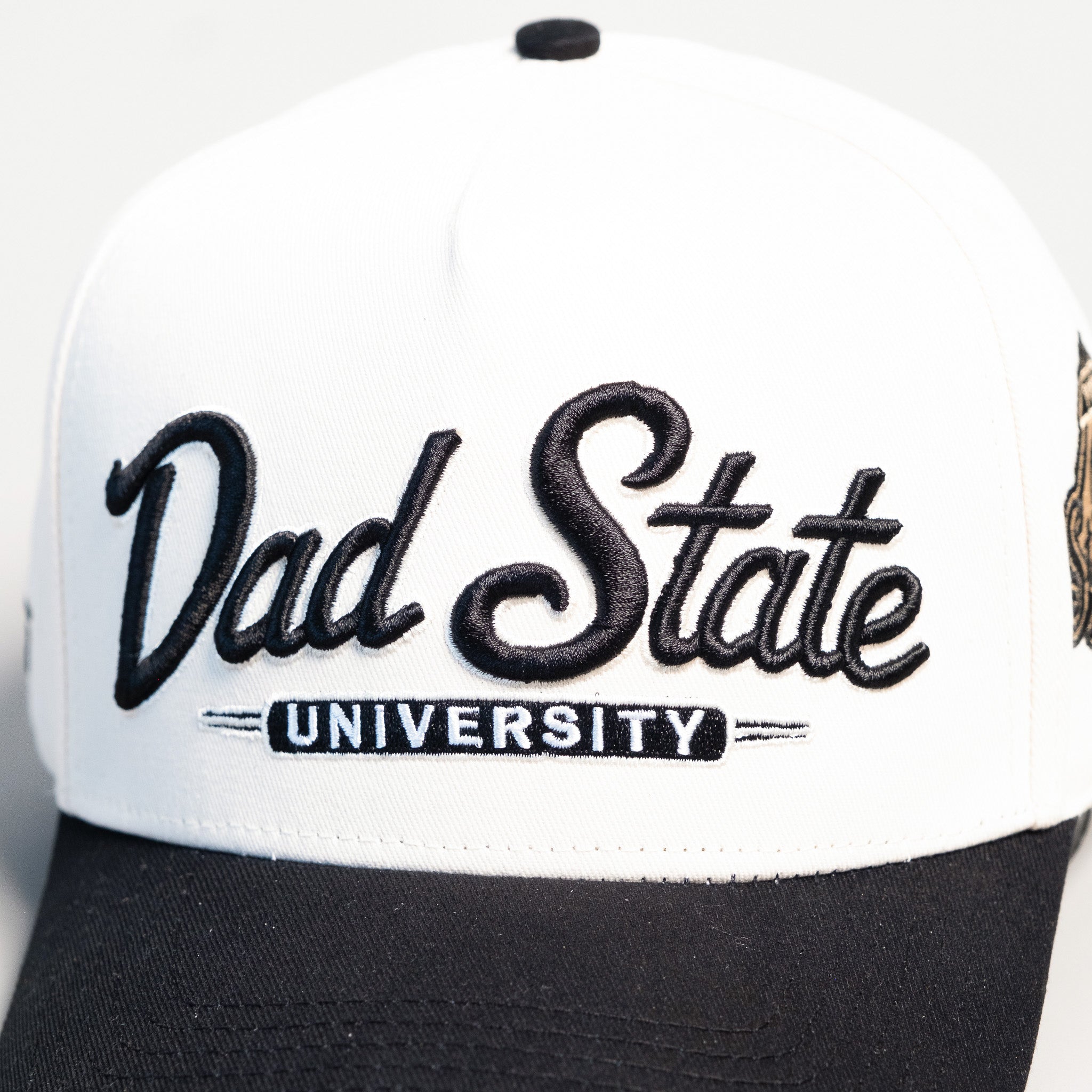 Dad State University Hat Cream Black Snapback - Front Detail