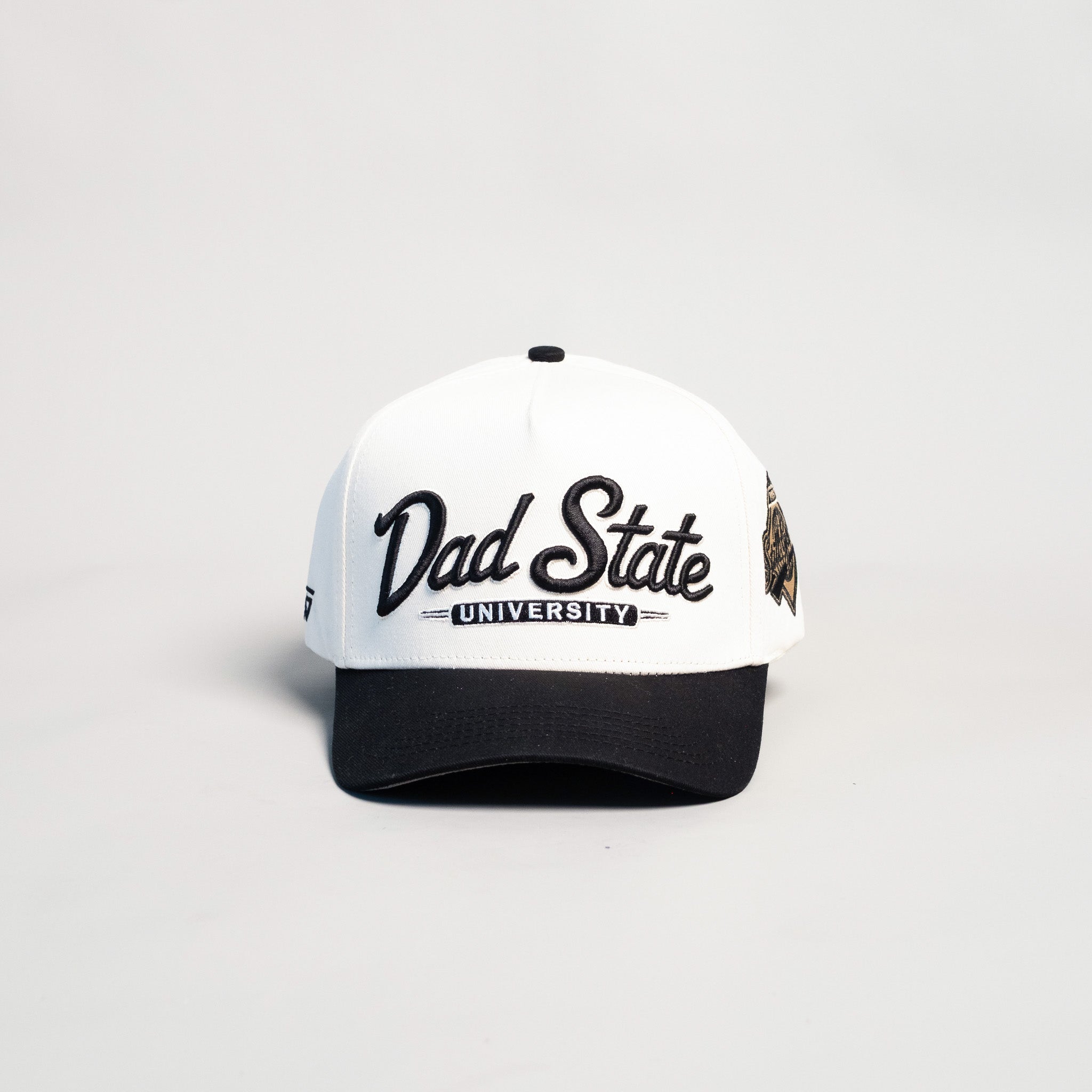 Dad State University Hat Cream Black Snapback - Front Panel