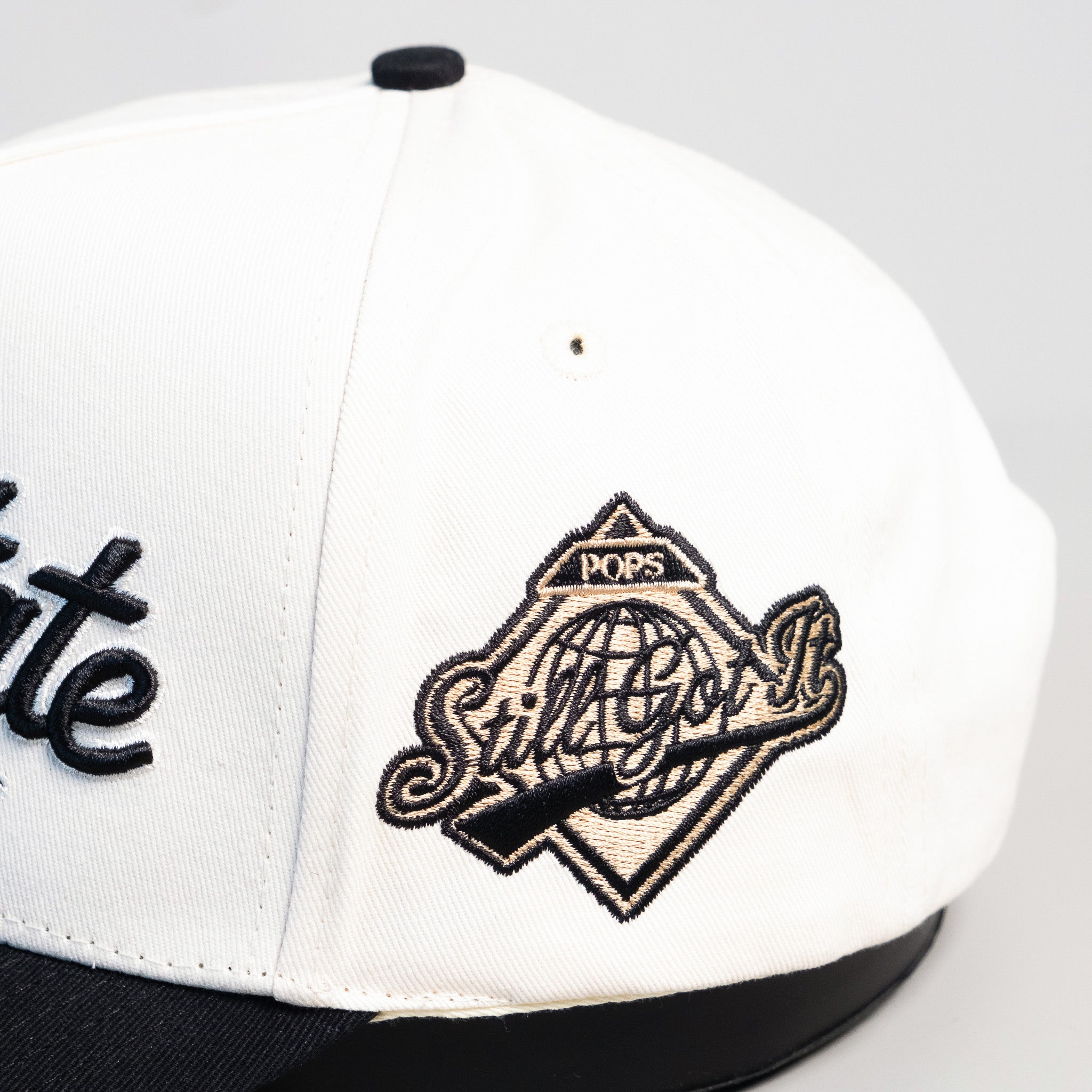 Dad State University Hat Cream Black Snapback - Side Patch Detail