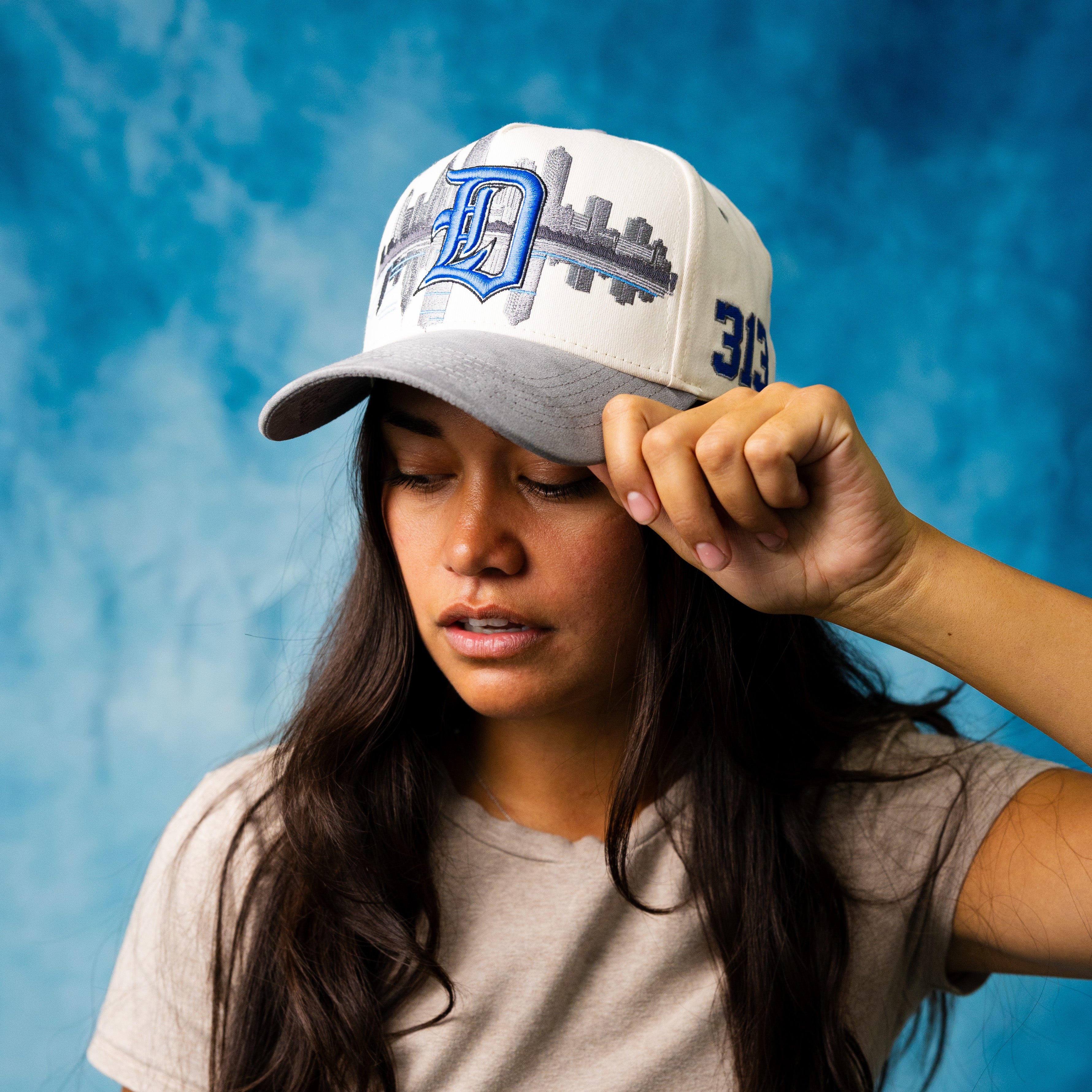 Detroit Hat Cream & Grey Suede Skyline 313 Snapback - On Model Portrait Lifestyle