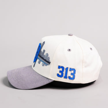 Detroit Hat Cream & Grey Suede Skyline 313 Snapback - Side 313 Embroidery