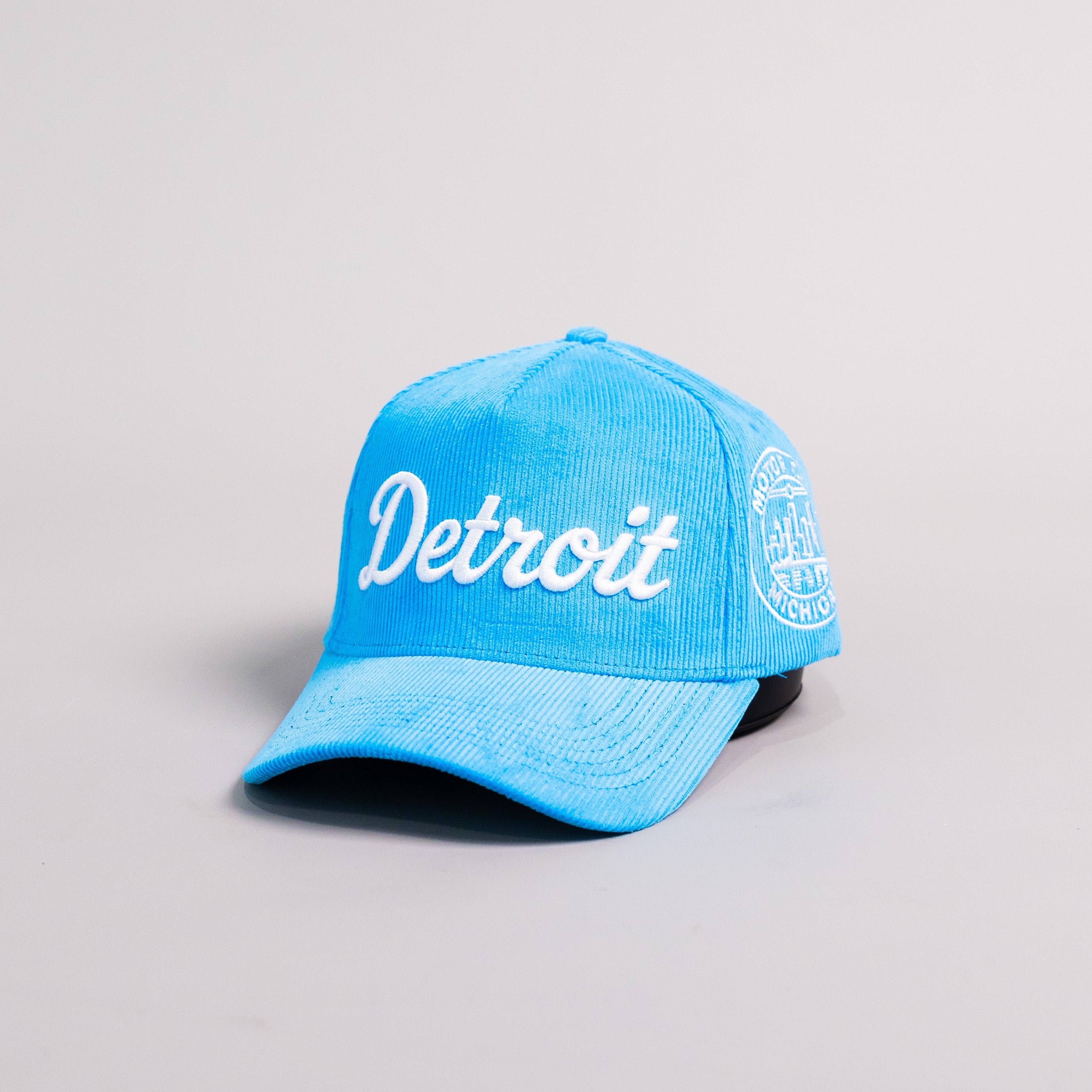 Detroit Script Hat Electric Blue Corduroy Stamp Patch Snapback City Logo - Angled View