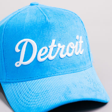 Detroit Script Hat Electric Blue Corduroy Stamp Patch Snapback City Logo - Front Detail