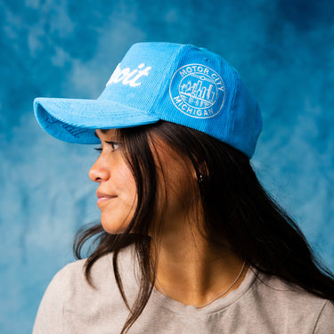 Detroit Script Hat Electric Blue Corduroy Stamp Patch Snapback City Logo - On Model Side Profile Lifestyle