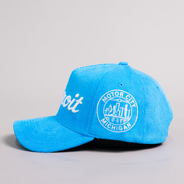 Detroit Script Hat Electric Blue Corduroy Stamp Patch Snapback City Logo - Side Patch