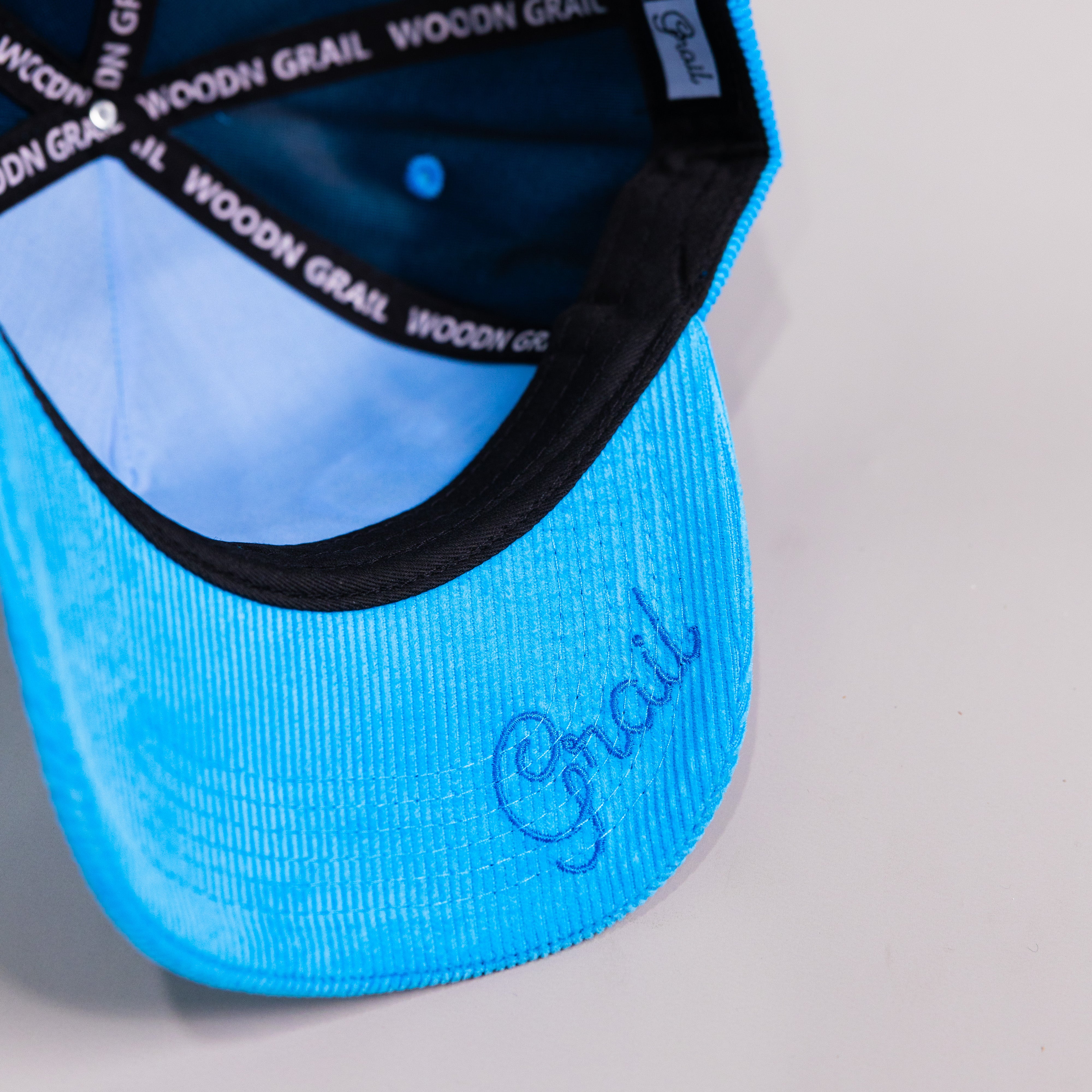 Detroit Script Hat Electric Blue Corduroy Stamp Patch Snapback City Logo - Underbrim Detail