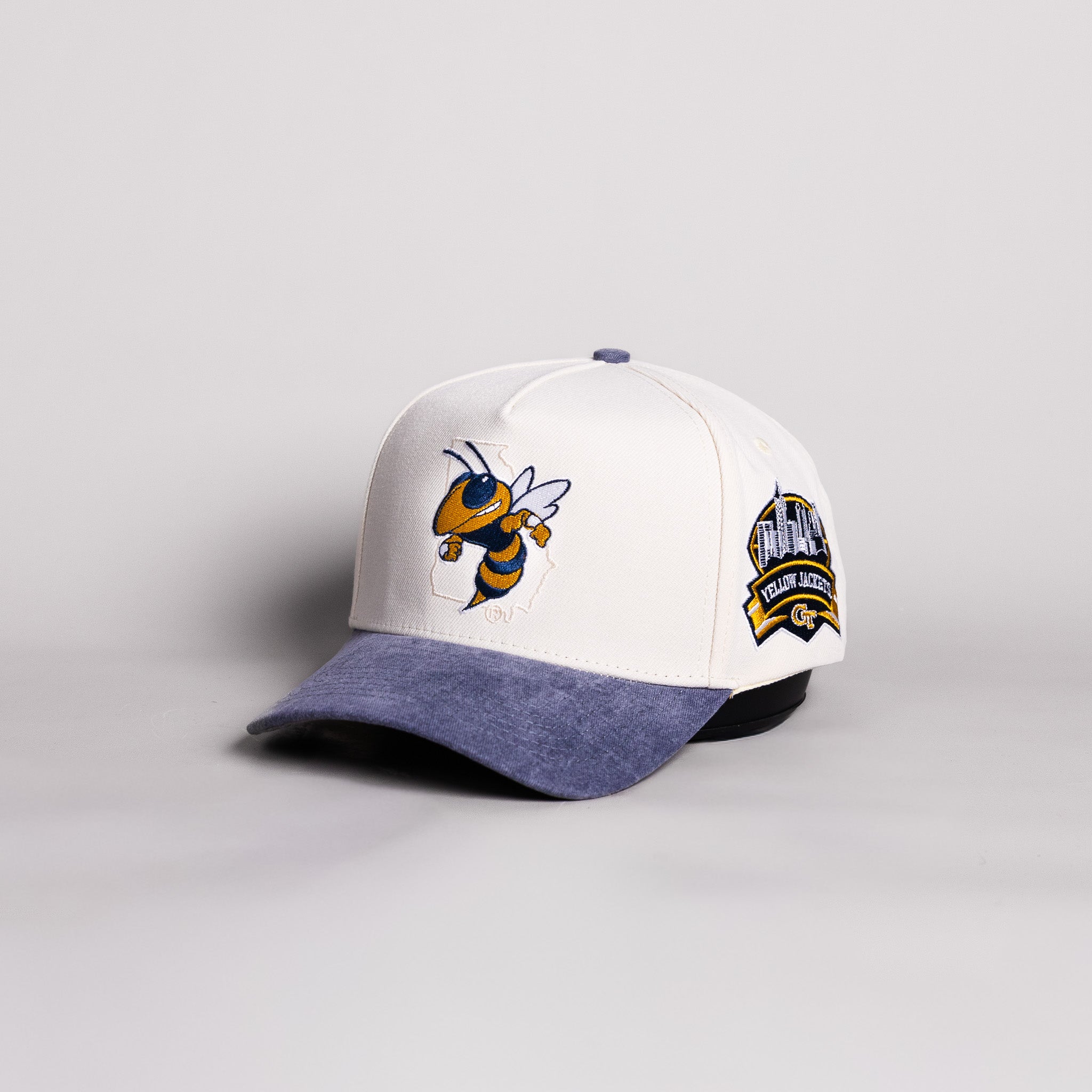 Georgia Tech Yellow Jackets Buzz Hat Cream Cotton Navy Suede Brim Atlanta Patch Snapback - Angled View