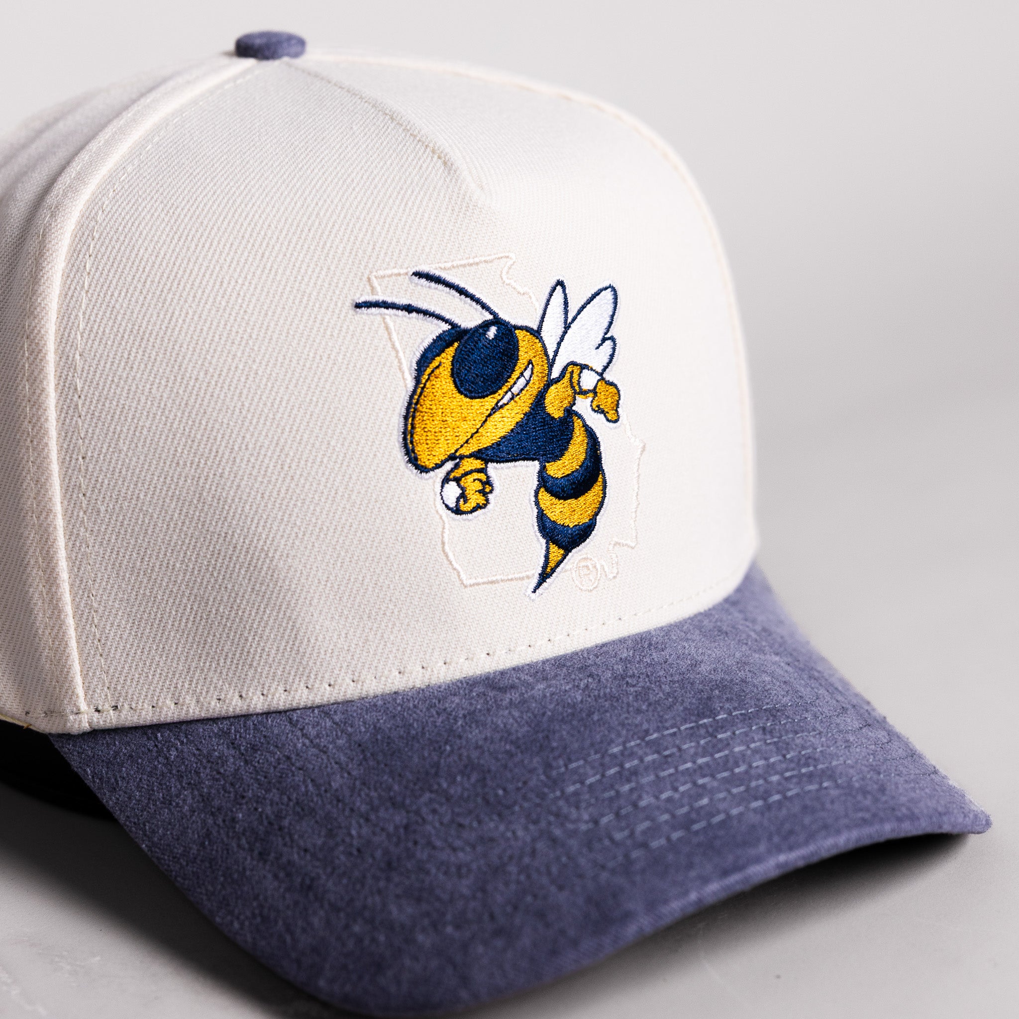 Georgia Tech Yellow Jackets Buzz Hat Cream Cotton Navy Suede Brim Atlanta Patch Snapback - Front Detail