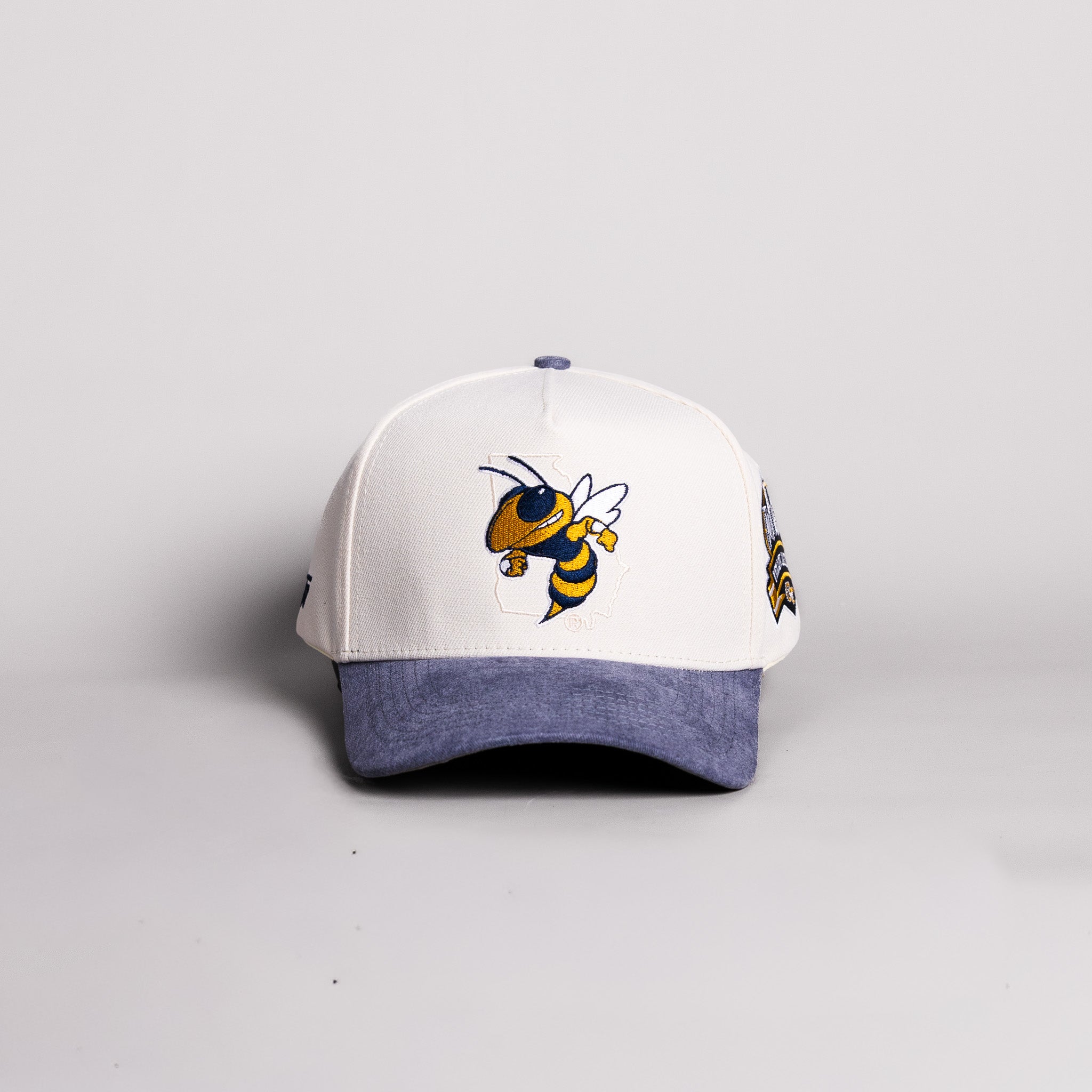 Georgia Tech Yellow Jackets Buzz Hat Cream Cotton Navy Suede Brim Atlanta Patch Snapback - Front Panel