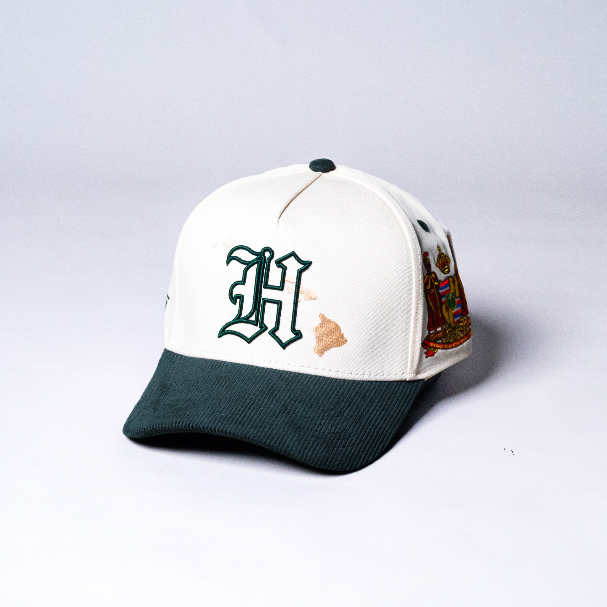 Hawaii Cream and Green Corduroy Snapback Hat with H Logo and State Patch - Angled View