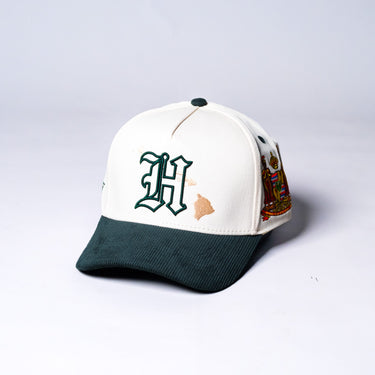 Hawaii Cream and Green Corduroy Snapback Hat with H Logo and State Patch - Angled View