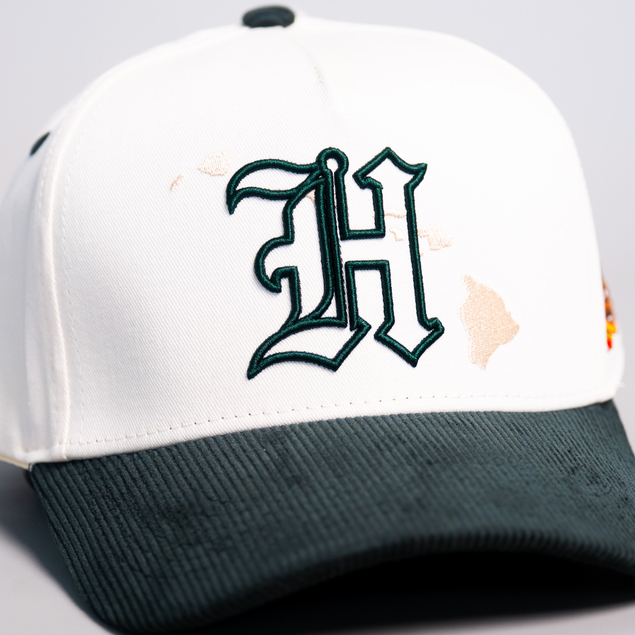 Hawaii Cream and Green Corduroy Snapback Hat with H Logo and State Patch - Front Detail