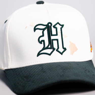 Hawaii Cream and Green Corduroy Snapback Hat with H Logo and State Patch - Front Detail