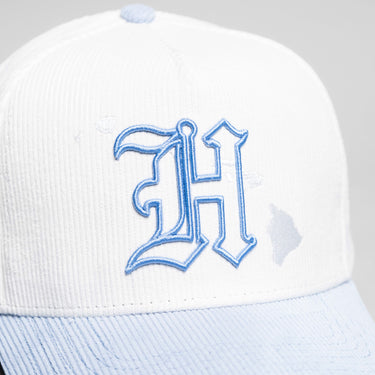 Hawaii Hat White and Powder Blue Corduroy H Snapback - Front Detail