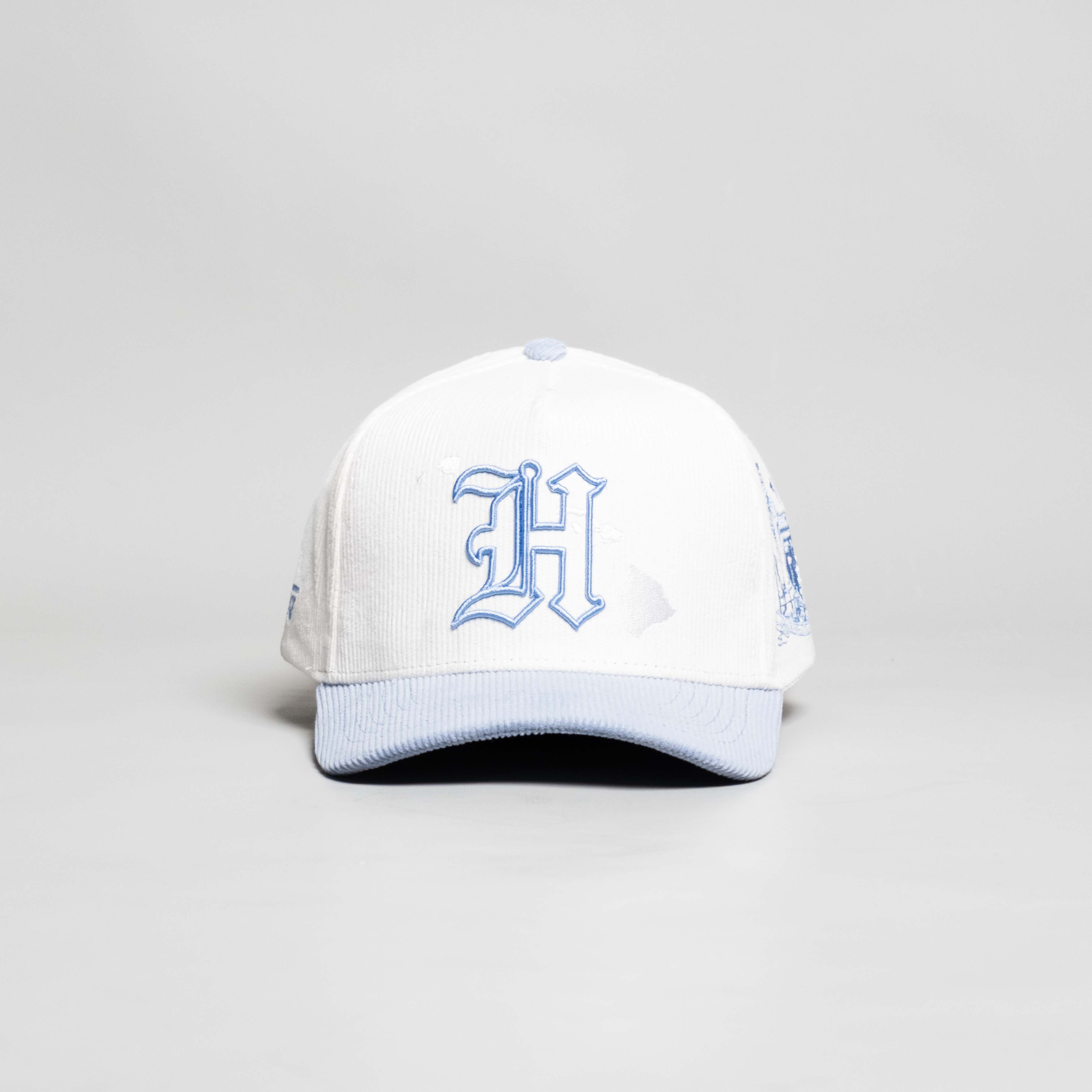 Hawaii Hat White and Powder Blue Corduroy H Snapback - Front Panel