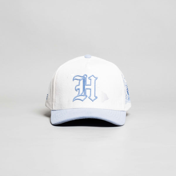 Hawaii Hat White and Powder Blue Corduroy H Snapback - Front Panel