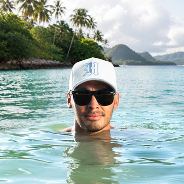 Hawaii Hat White and Powder Blue Corduroy H Snapback - On Model Lifestyle