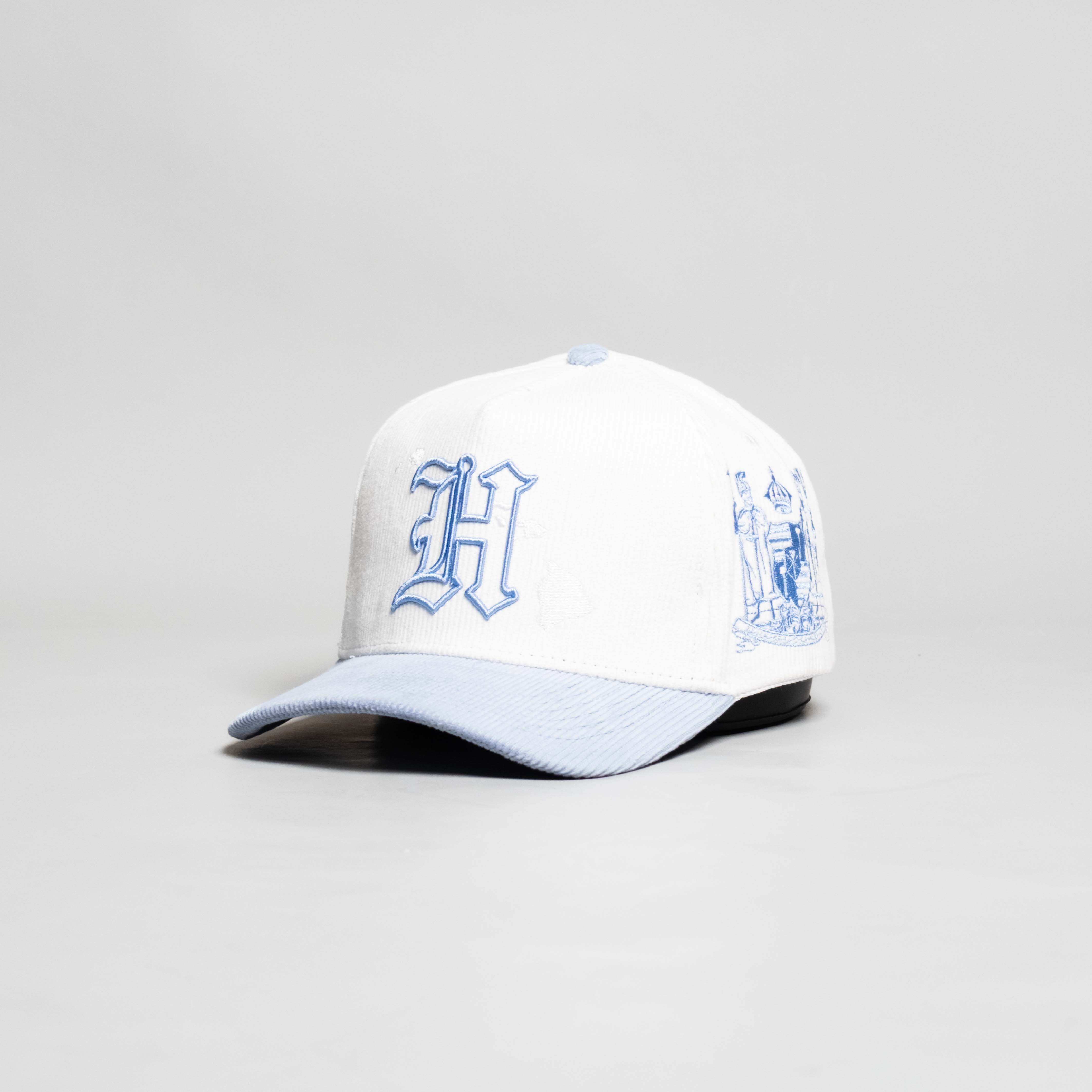Hawaii Hat White and Powder Blue Corduroy H Snapback - Side Crest Angled View