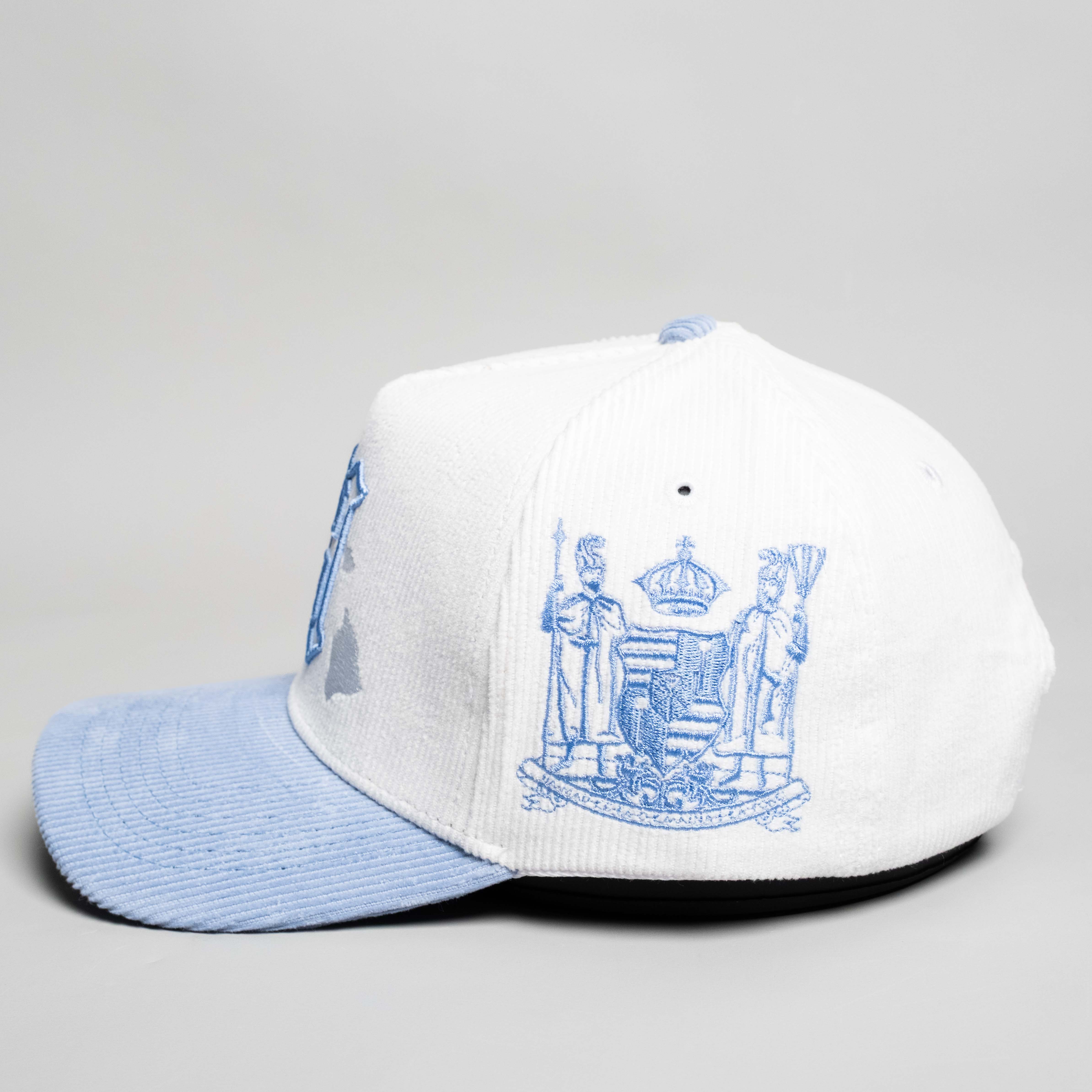 Hawaii Hat White and Powder Blue Corduroy H Snapback - Side Crest
