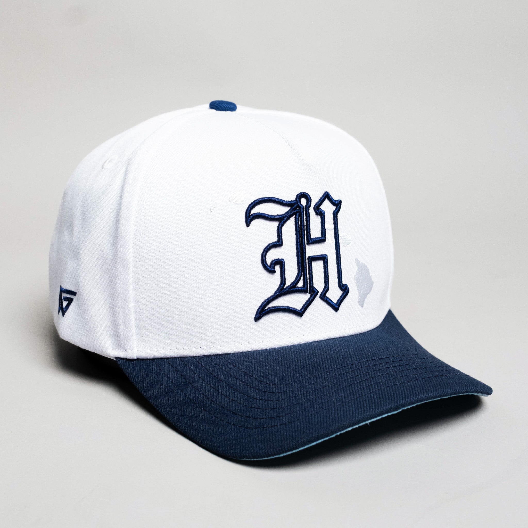 Hawaii Hat White Navy Gothic H Snapback - Angled View