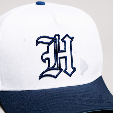 Hawaii Hat White Navy Gothic H Snapback - Front Detail