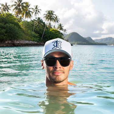 Hawaii Hat White Navy Gothic H Snapback - On Model Lifestyle