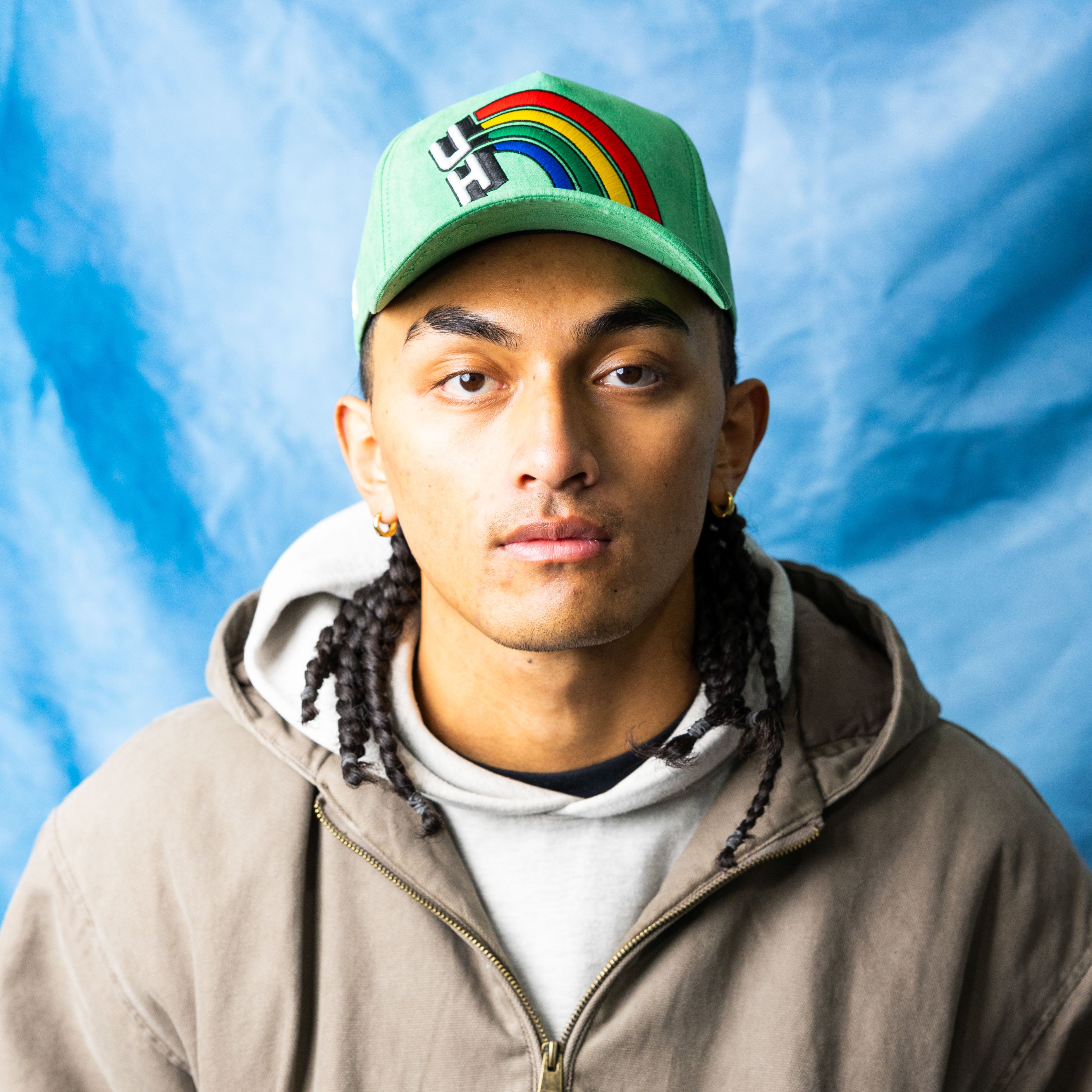 Hawaii Rainbow Warriors Hat Green Suede Retro UH Snapback - On Model Portrait Lifestyle