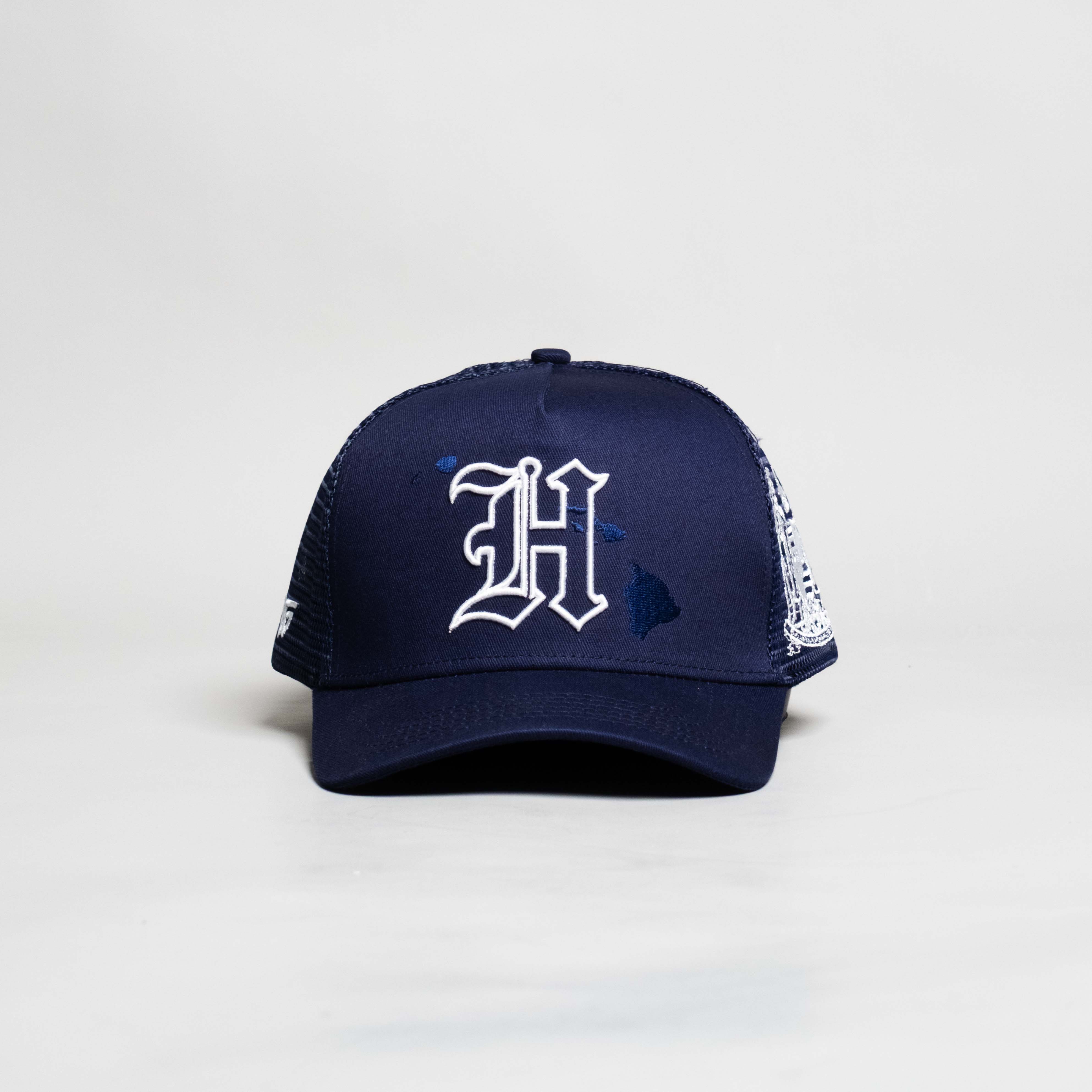 Hawaii Trucker Hat Navy Mesh Snapback with H Logo - Front Panel