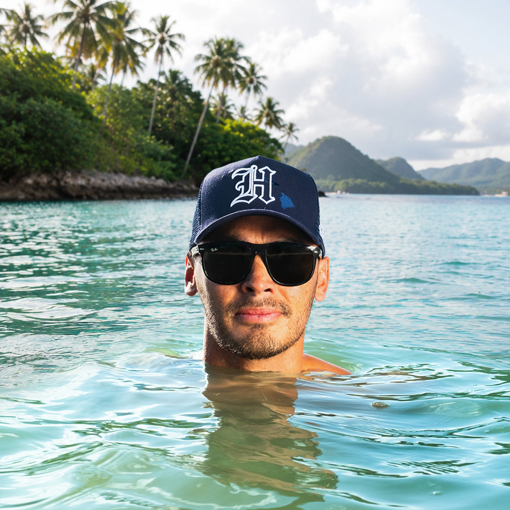 Hawaii Trucker Hat Navy Mesh Snapback with H Logo - On Model Lifestyle