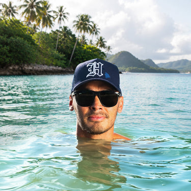 Hawaii Trucker Hat Navy Mesh Snapback with H Logo - On Model Lifestyle