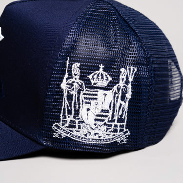 Hawaii Trucker Hat Navy Mesh Snapback with H Logo - Side Crest Detail