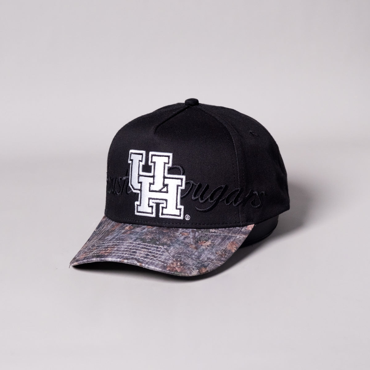 Houston Cougars Camo Hat Black White UH Logo Snapback University Camo - Angled View