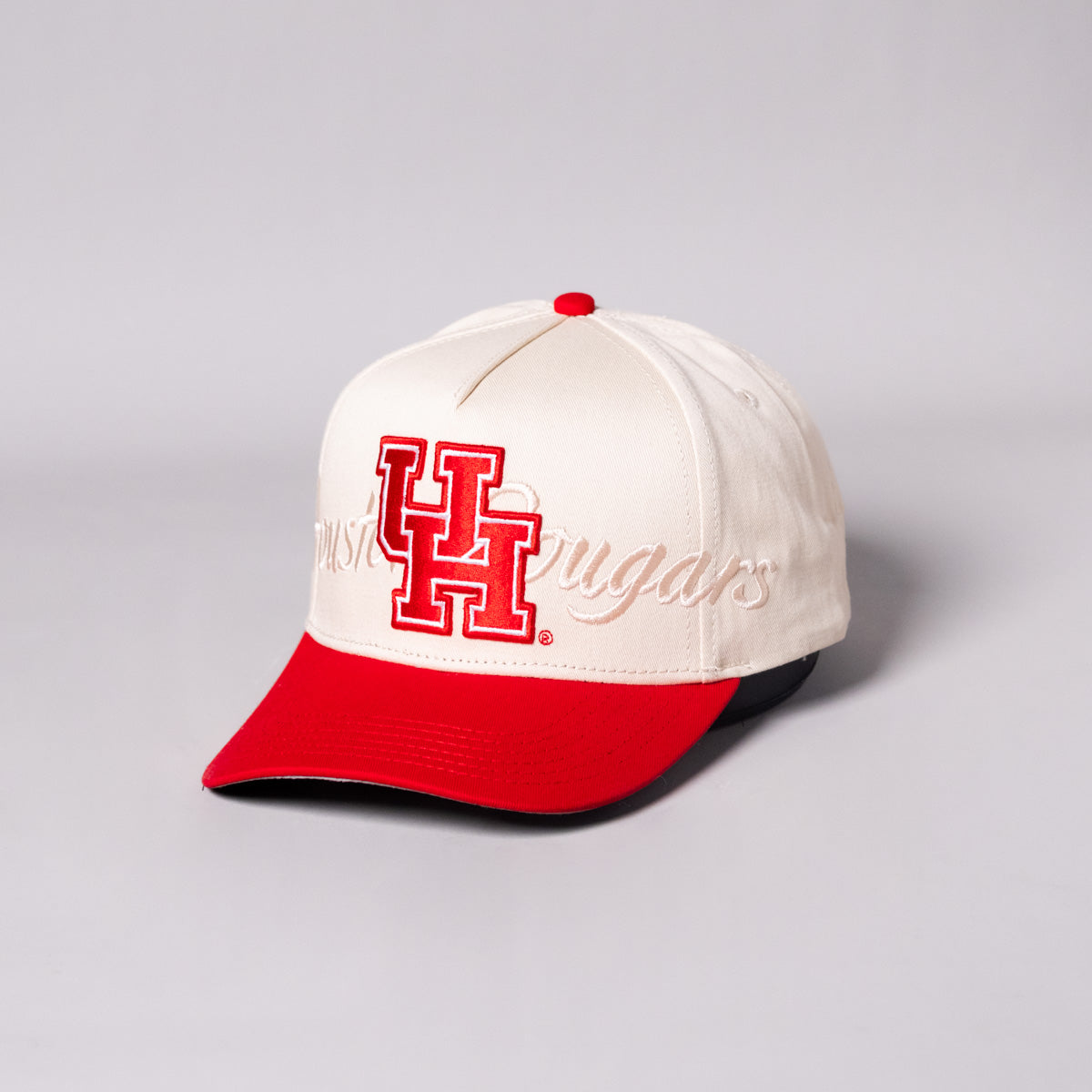 Houston Cougars Hat Cream & Red UH Script Snapback - Angled View