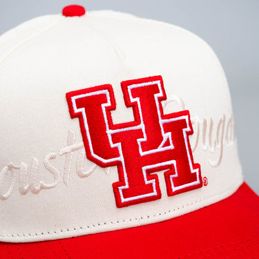 Houston Cougars Hat Cream & Red UH Script Snapback - Front Detail