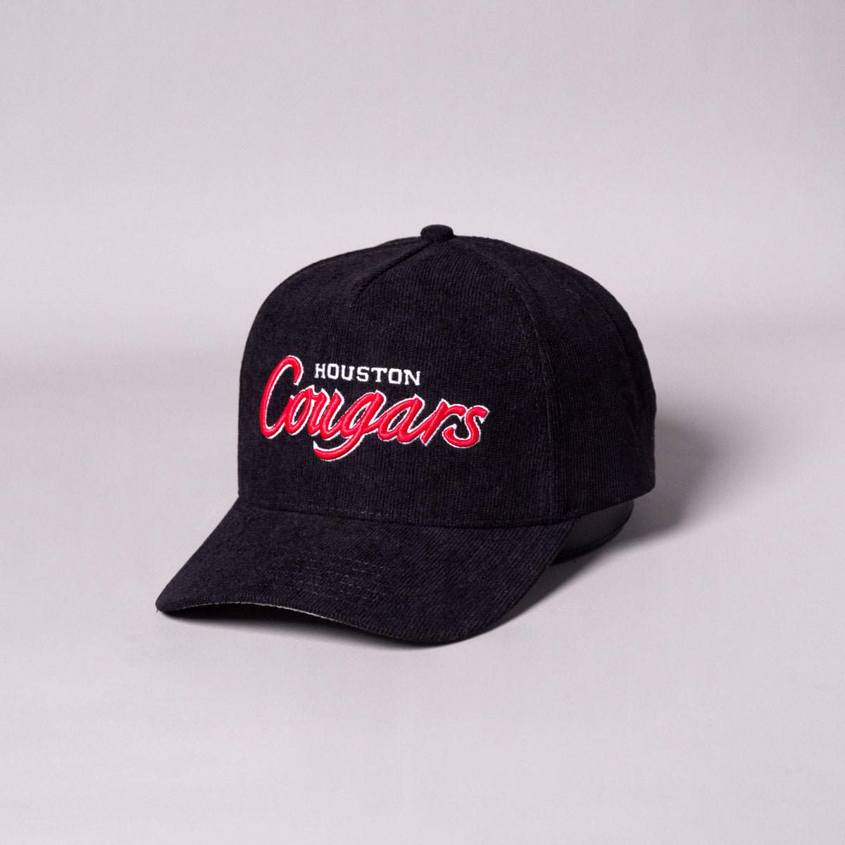 Houston Cougars Script Hat Black Corduroy Red Logo Snapback UH College - Angled View