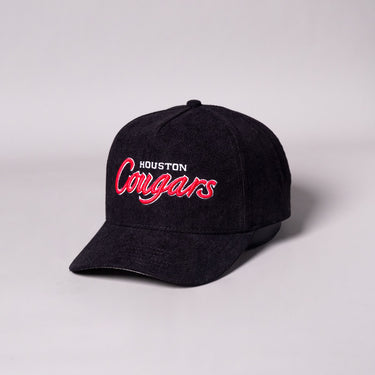 Houston Cougars Script Hat Black Corduroy Red Logo Snapback UH College - Angled View