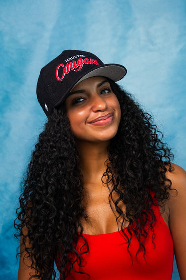 Houston Cougars Script Hat Black Corduroy Red Logo Snapback UH College - On Model Lifestyle
