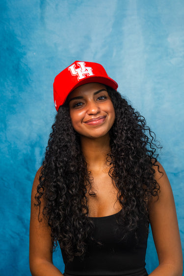 Houston Cougars Suede Hat Red White UH Logo Snapback All-Red Premium - On Model Lifestyle