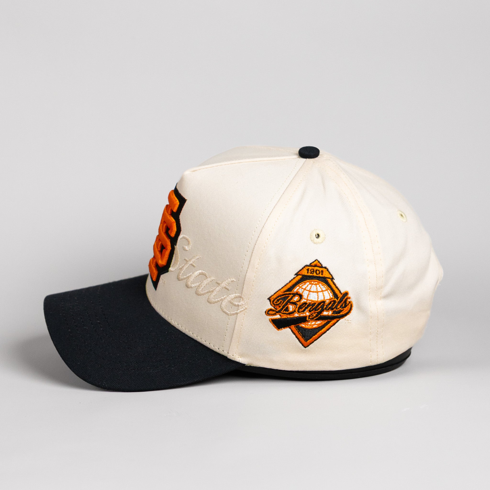 Idaho State Bengals Hat Cream & Black Stacked Script Snapback - Side Patch