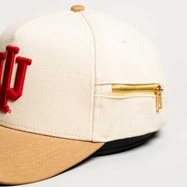 Indiana Hoosiers Hat Cream & Tan Jobsite Snapback - Side Zip Pocket Detail
