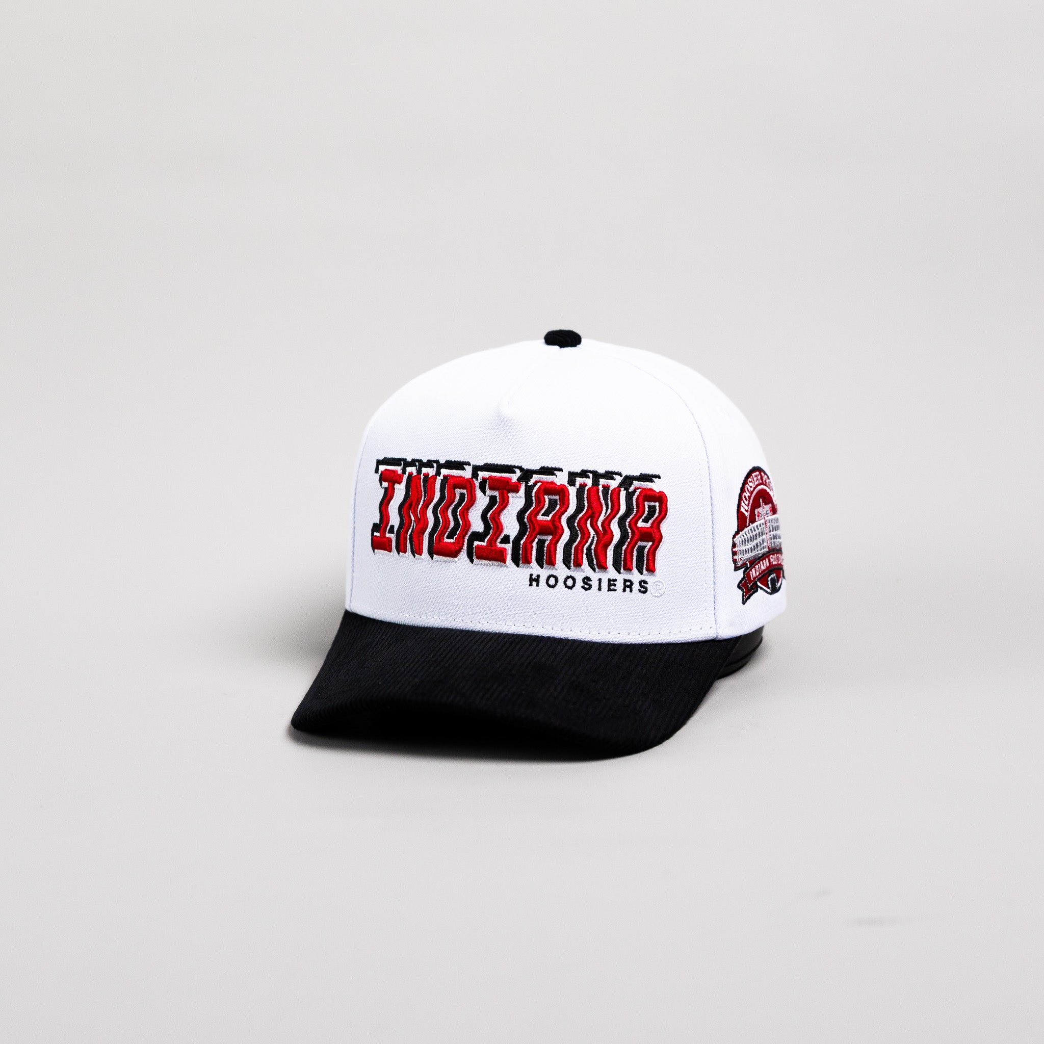 Indiana Hoosiers Hat White & Black Corduroy Stadium Pulse Snapback - Angled View