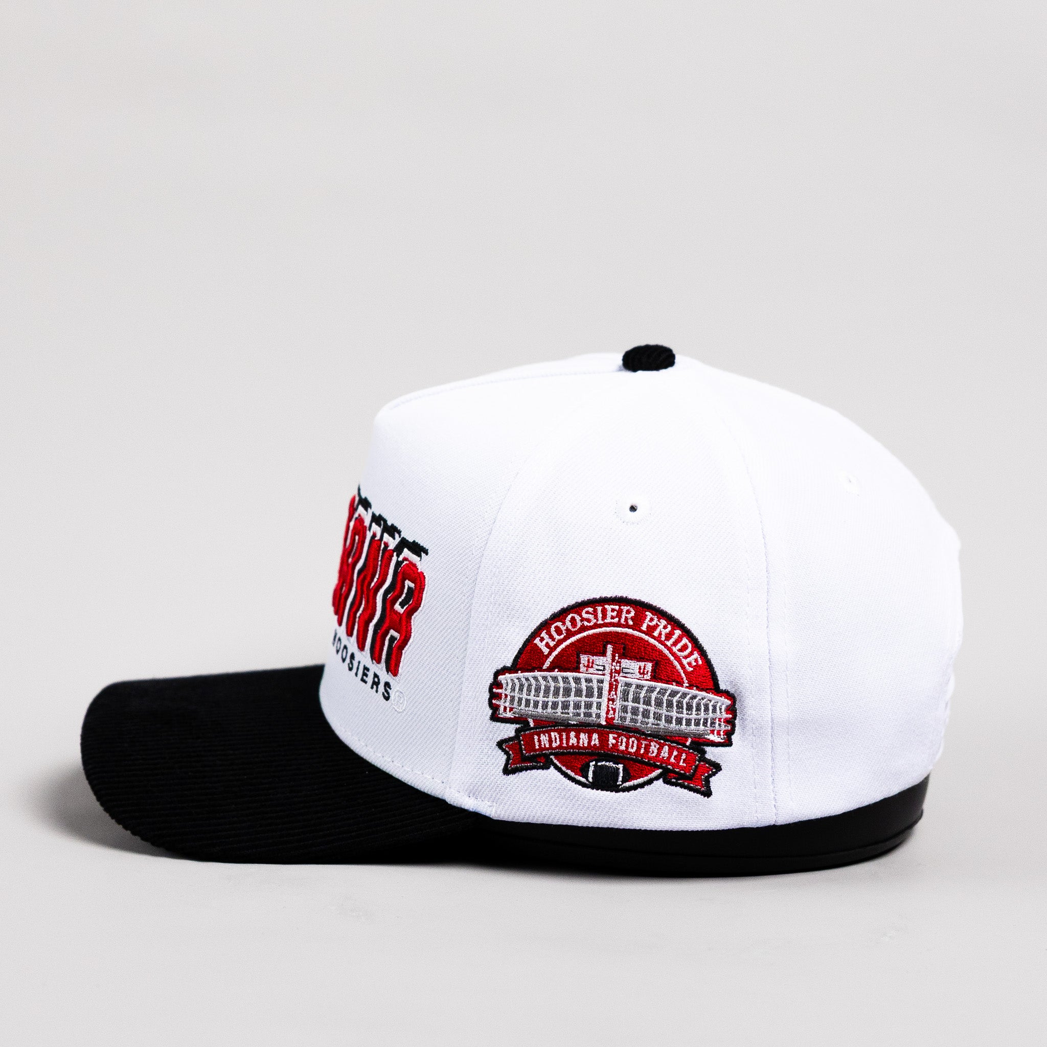 Indiana Hoosiers Hat White & Black Corduroy Stadium Pulse Snapback - Side Hoosier Pride Stadium Patch