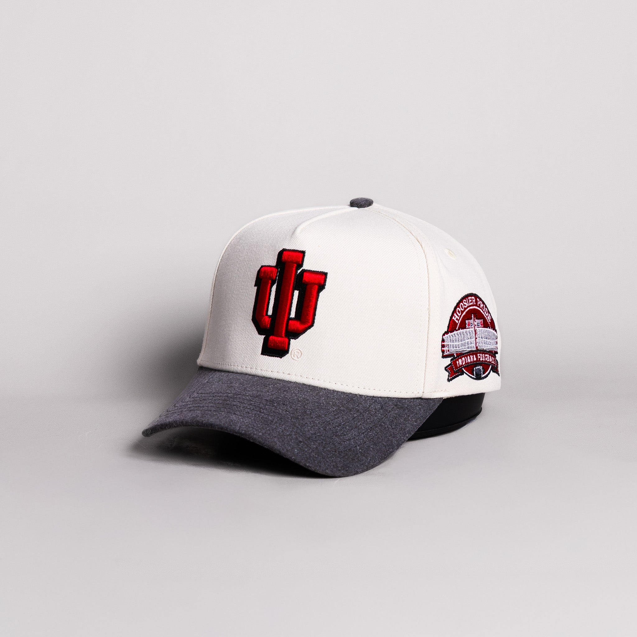 Indiana Hoosiers IU Trident Hat Cream Cotton Charcoal Brim Hoosier Pride Patch Snapback - Angled View
