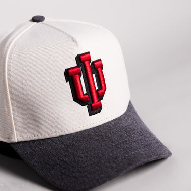 Indiana Hoosiers IU Trident Hat Cream Cotton Charcoal Brim Hoosier Pride Patch Snapback - Front Detail