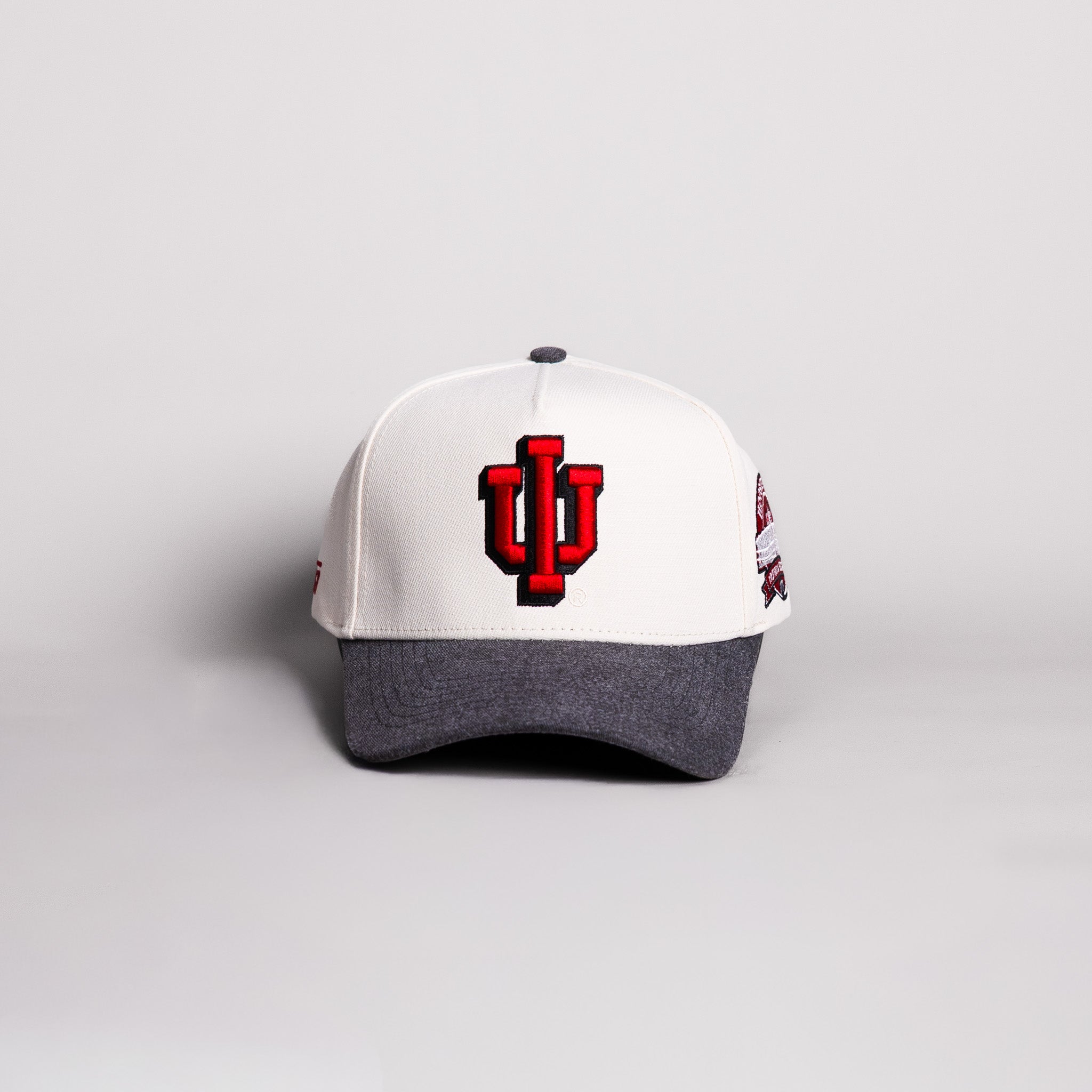 Indiana Hoosiers IU Trident Hat Cream Cotton Charcoal Brim Hoosier Pride Patch Snapback - Front Panel