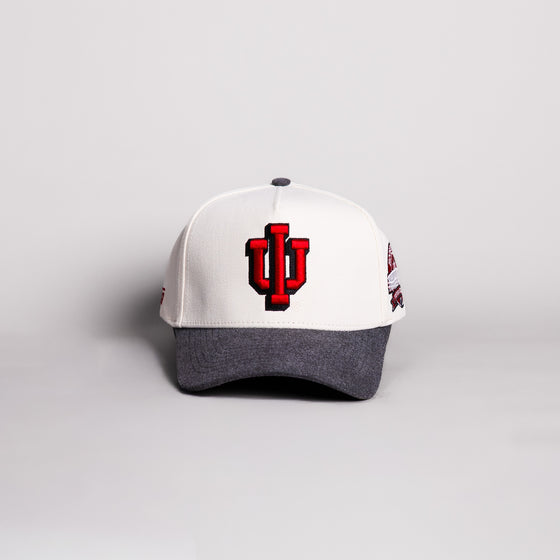 Indiana Hoosiers IU Trident Hat Cream Cotton Charcoal Brim Hoosier Pride Patch Snapback - Front Panel