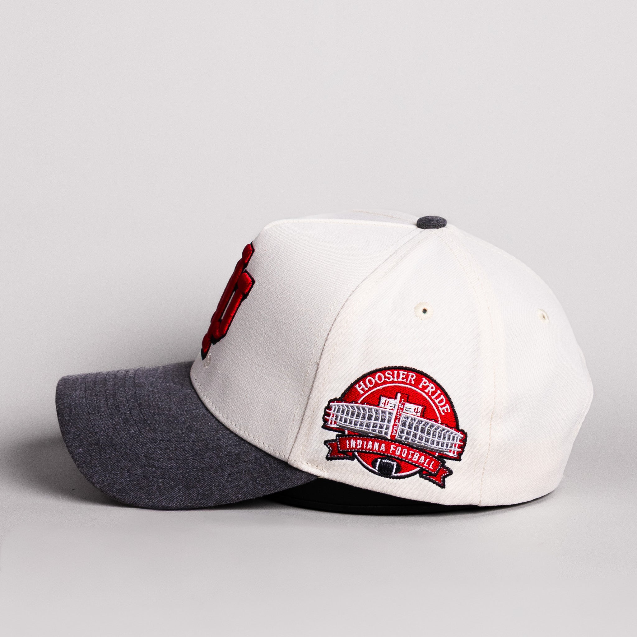 Indiana Hoosiers IU Trident Hat Cream Cotton Charcoal Brim Hoosier Pride Patch Snapback - Side Patch